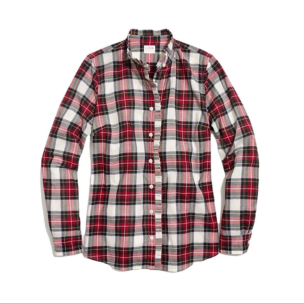 J. CREW | Ruffle Front Tartan Plaid Shirt top Cozy Holiday Festive RED sz S